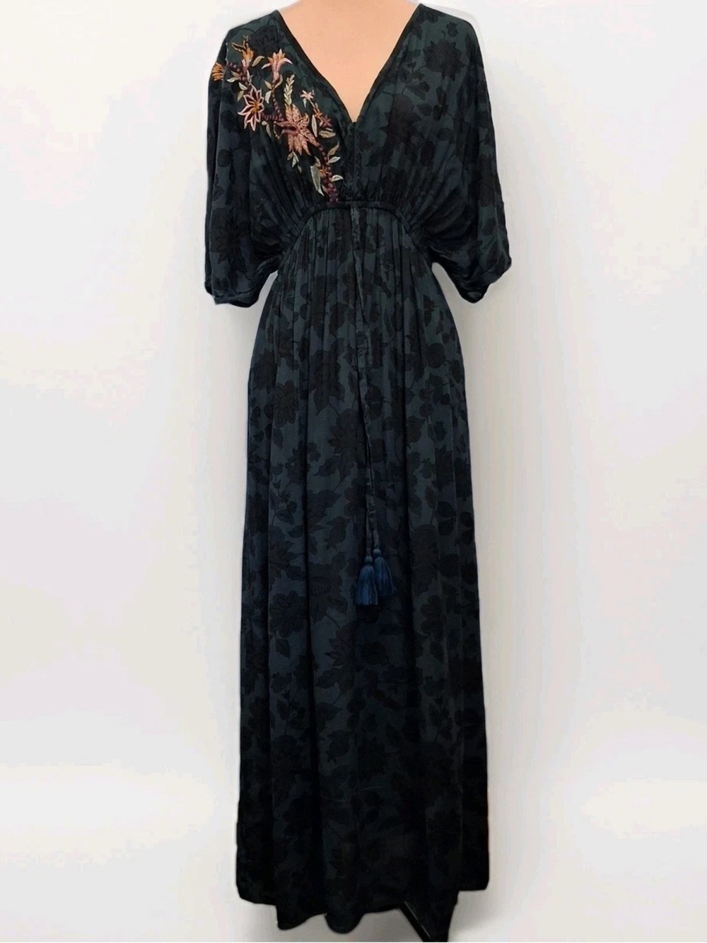 Cost Plus World Market Black Floral Embroidered Maxi Dress with Tassel
